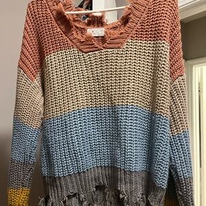 Poof! Striped Distressed V-Neck Sweater in Rust, Beige & Blue